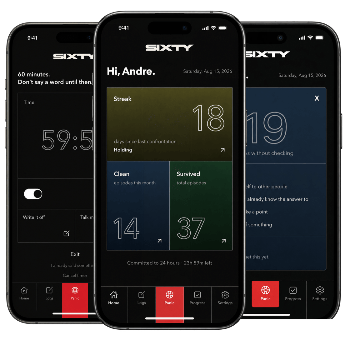 Three SIXTY screens: the countdown, the home screen showing an 18 day streak, and a log entry.